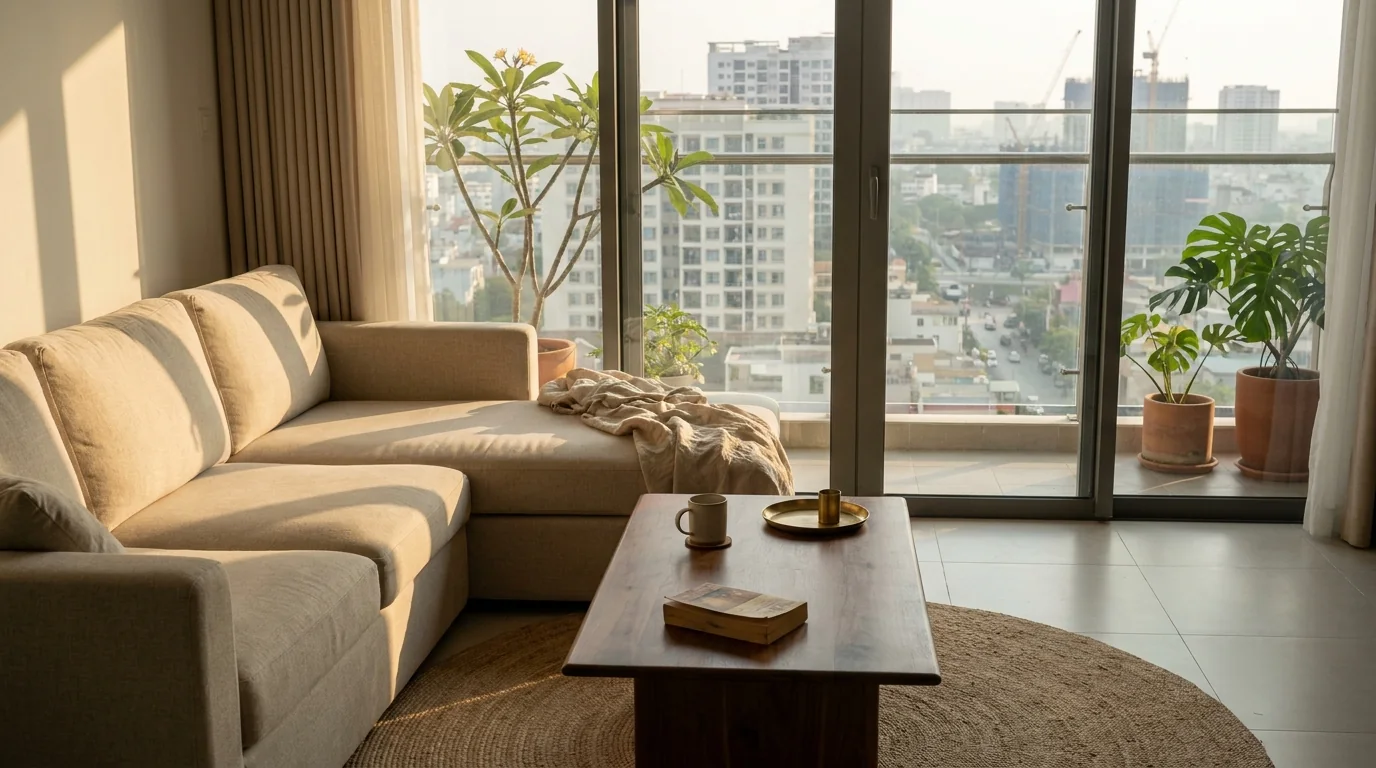 Sàn xưởng BMD ở Hóc Môn, thợ bọc nệm đang căng da lên khung sofa góc