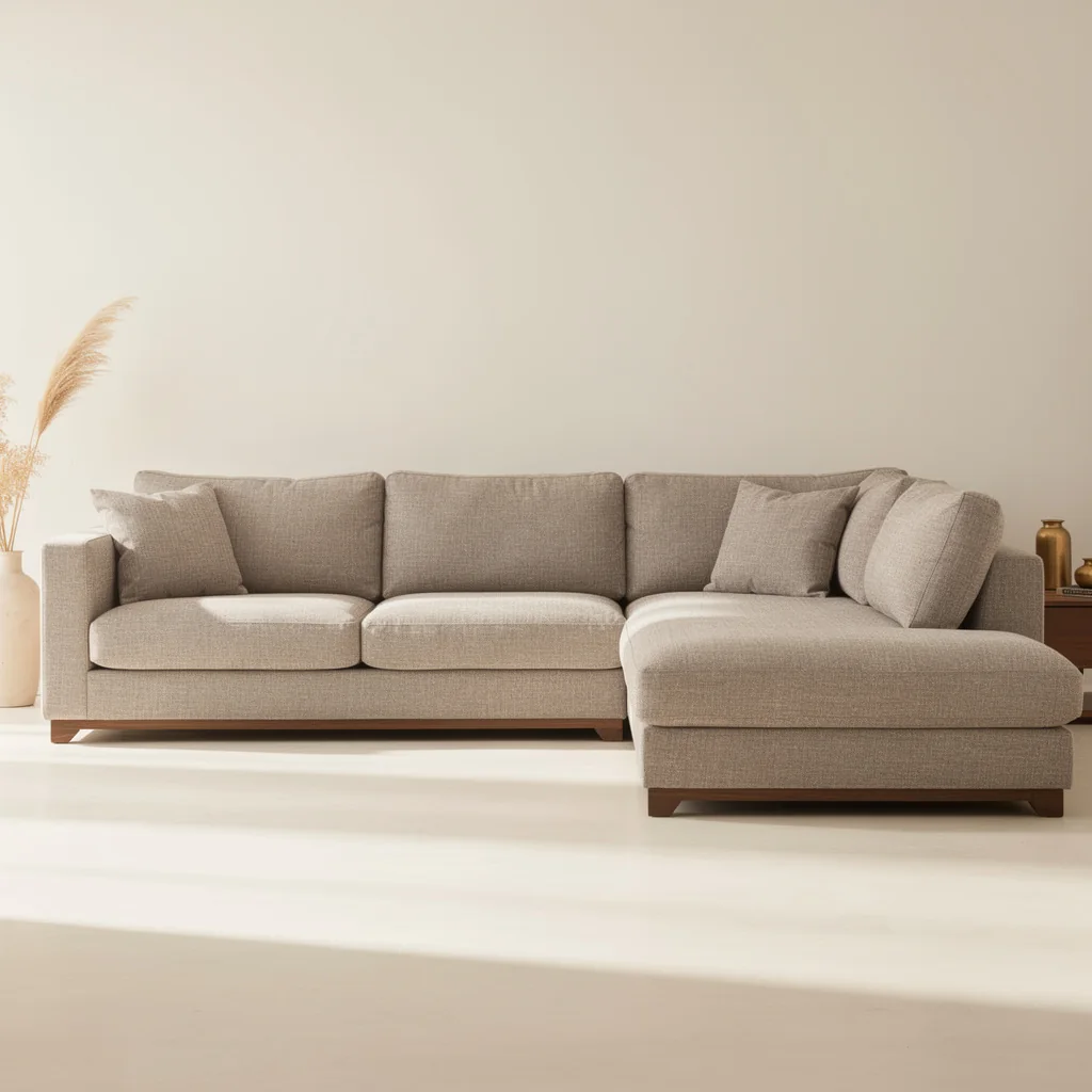 Sofa góc KIMBERLY PLUS bọc da bò thật màu xám, nhìn chéo từ phía trước