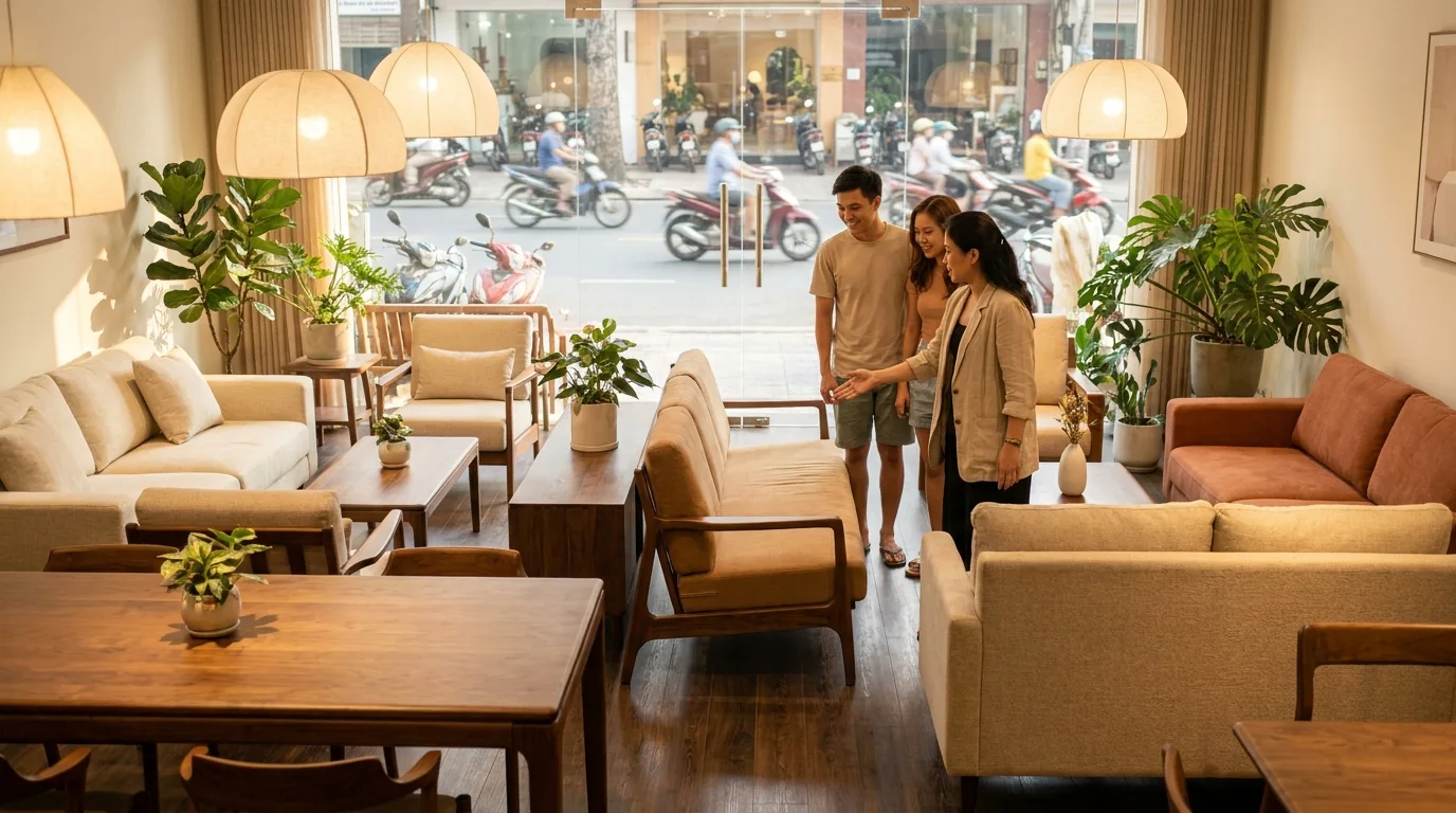 Không gian showroom BMD tại 2C Cộng Hòa với các mẫu sofa trưng bày và kệ mẫu vải